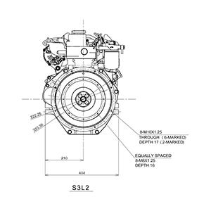 Rear view of MVS3L2 Diesel Engine, Diesel engine dimensions displayed on a line drawing