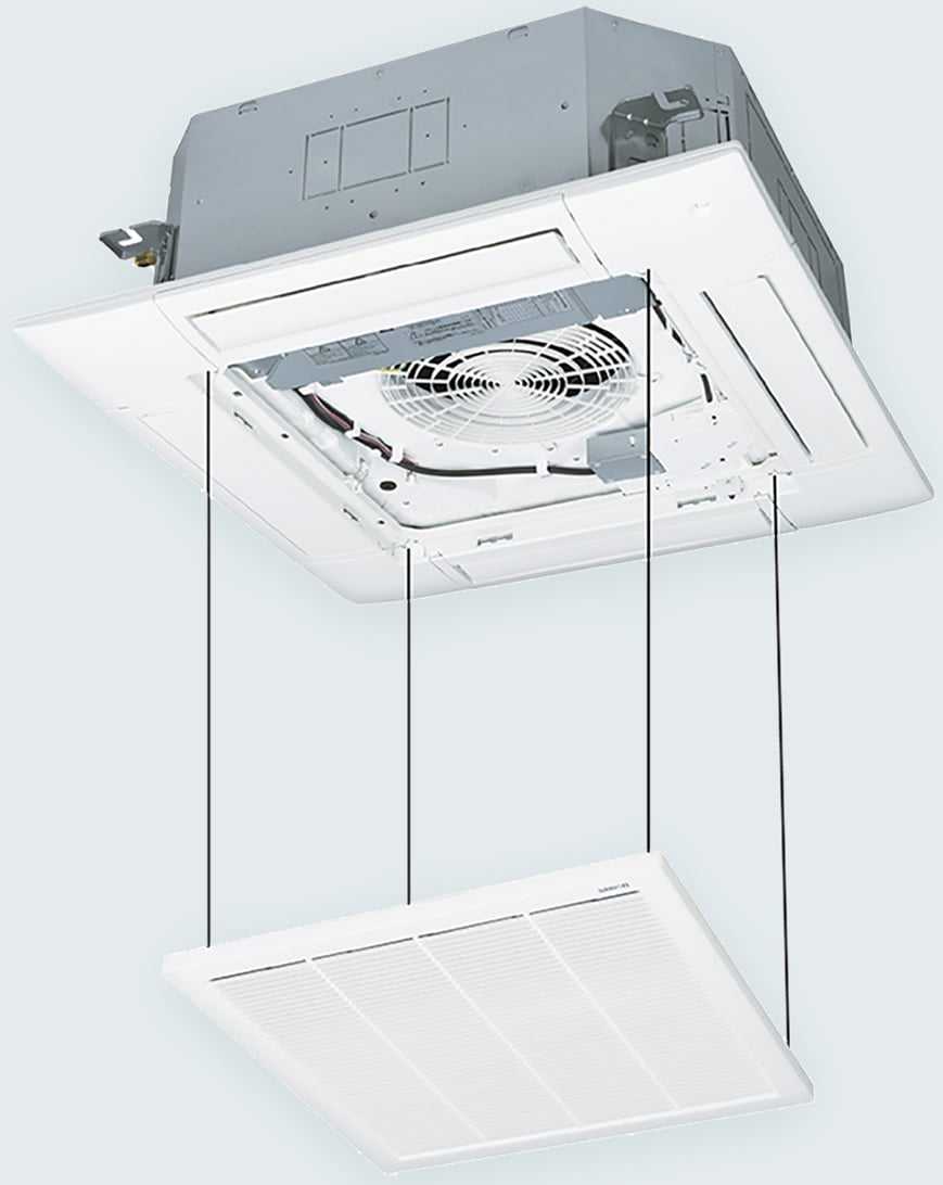 A 4-way ceiling cassette unit for commercial-use featuring the automatic lifting panel