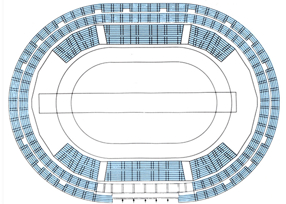 Illustration of a retractable seat layout for an indoor athletic field