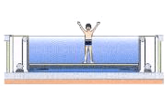 Illustration of a floor conversion system for swimming pools (for synchronized swimming, diving, competition swimming, and public swimming)
