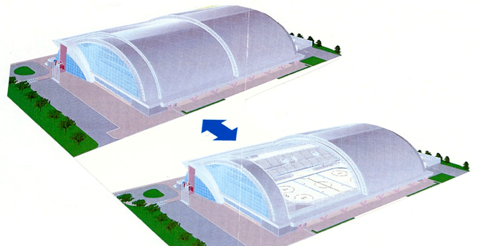 Illustration of a combined retractable roof and floor conversion system for swimming pools