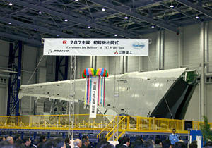 The ceremony to commemorate the shipment of the first composite-material wing box for the Boeing 787.