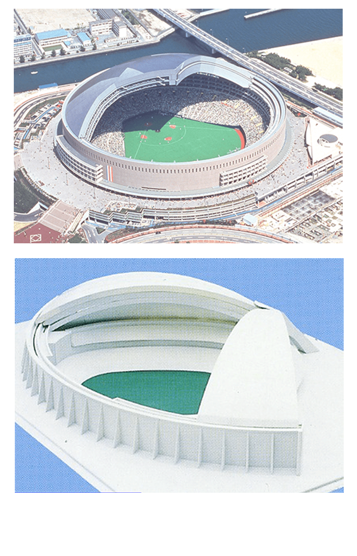Photograph of a multi-mode-type retractable roof in the open position (FUKUOKA PayPay DOME)