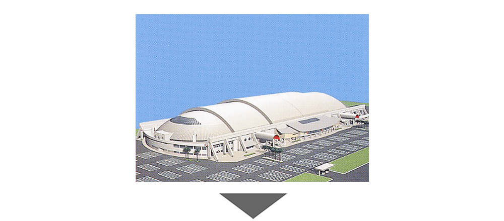 Illustration of a horizontal-sliding-type retractable roof in the closed position (SeaGaia Miyazaki Ocean Dome)