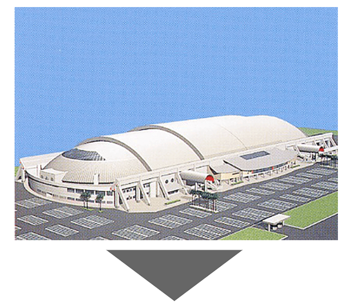 Illustration of a horizontal-sliding-type retractable roof in the closed position (SeaGaia Miyazaki Ocean Dome)