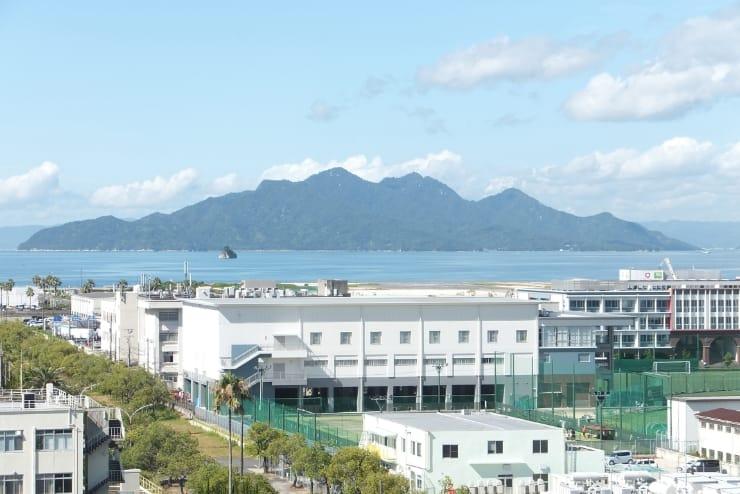 Miyajima island, home of Itsukushima Shrine, as seen from the rooftop
