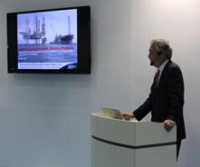 Mr. Kuzu (Vice President) making a presentation at Japan Pavilion