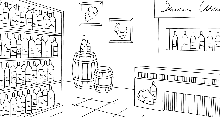 Illustration of wine shelves in the supermarket
