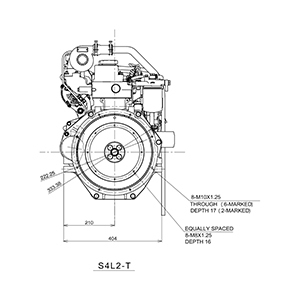 Rear view of MVS4L2 -T Diesel Engine, Diesel engine dimensions displayed on a line drawing