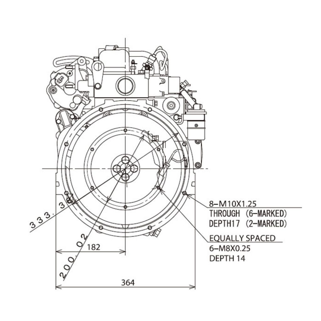 MVL2E engine dimensions displayed on a line drawing