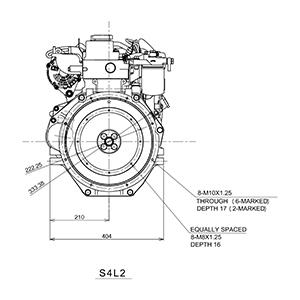 Rear view of MVS4L2 Diesel Engine, Diesel engine dimensions displayed on a line drawing