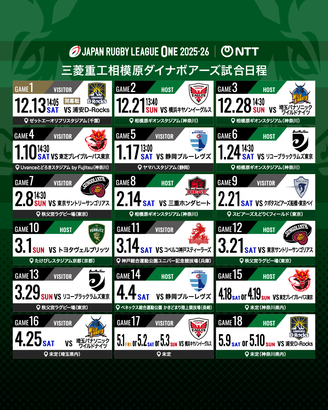 NTTジャパンラグビーリーグワン2025-26日程