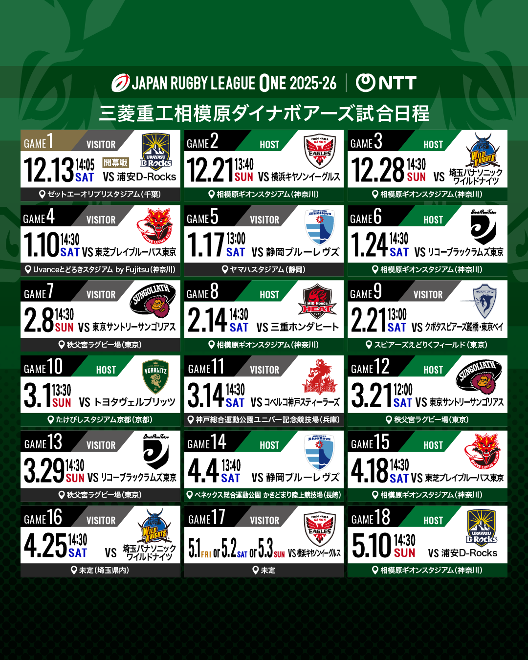 NTTジャパンラグビーリーグワン2025-26日程