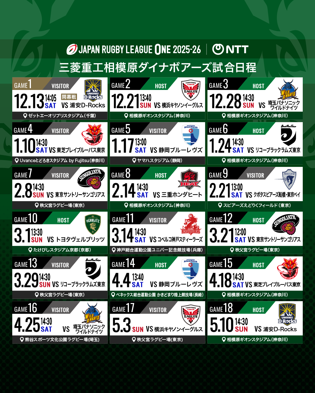 NTTジャパンラグビーリーグワン2025-26日程