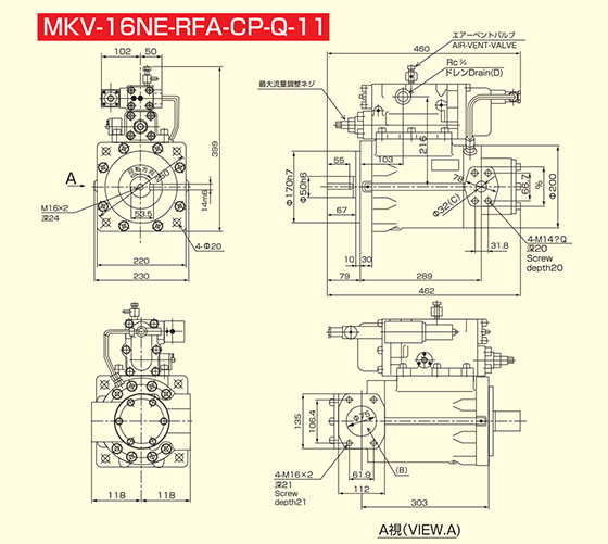 MKV-16NE（CP制御器付右回転用）の寸法図