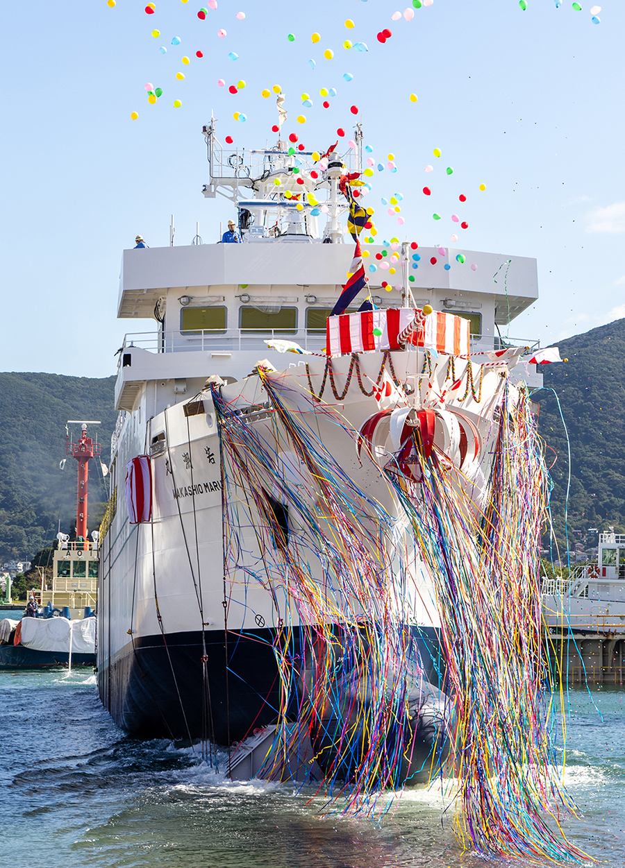 Mitsubishi Shipbuilding Holds Christening and Launch Ceremony in Shimonoseki for Training Ship WAKASHIO MARU Built for National Institute of Technology, Toyama College