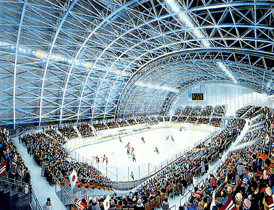 Illustration of a floor conversion system for a swimming pool converted into an ice skating rink in winter