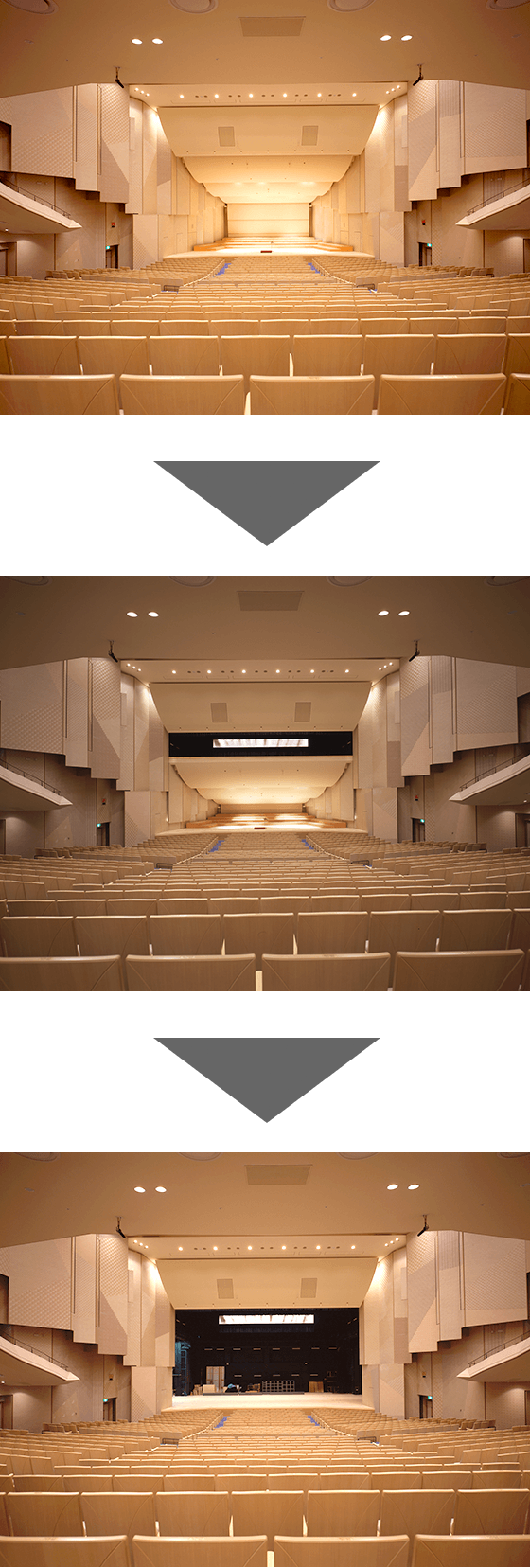Photograph of the movable acoustic shell in the Kiryu City Performing Arts Center, SILK HALL