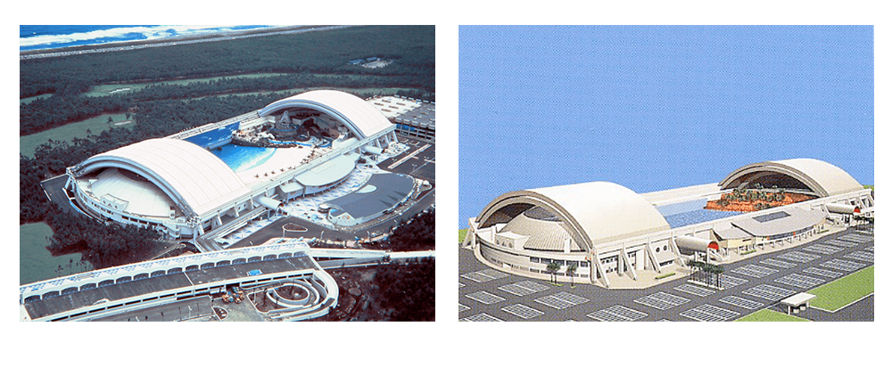 Photograph of a horizontal-sliding-type retractable roof in the open position (SeaGaia Miyazaki Ocean Dome)