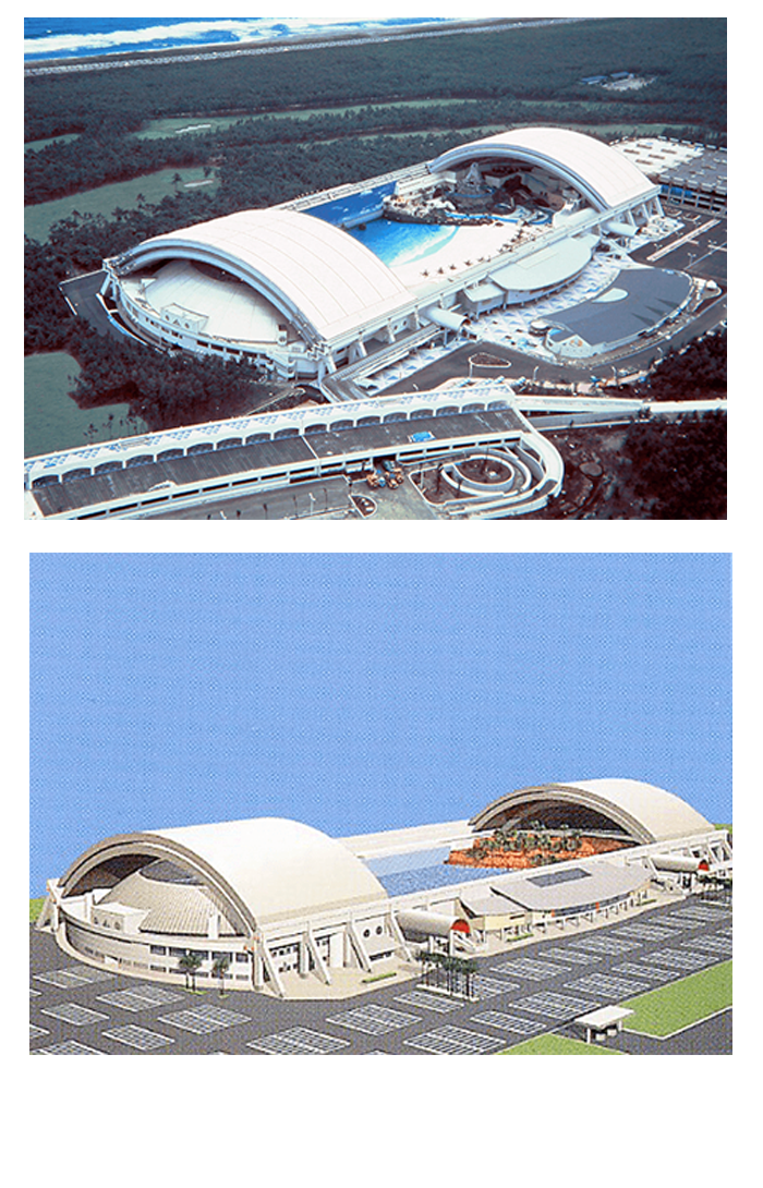 Photograph of a horizontal-sliding-type retractable roof in the open position (SeaGaia Miyazaki Ocean Dome)