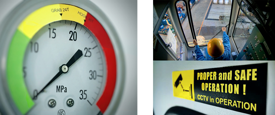 運転室でリアルタイムに吊荷重を確認できる荷重計（左）や運転室監視カメラ（右）など多彩なアイテムを用意。