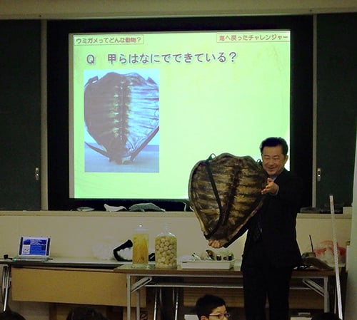 Mr. Matsuzawa showing a loggerhead turtle shell　