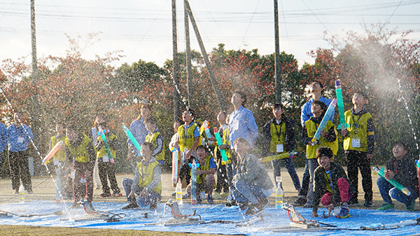 The mini pencil water rockets take to the sky