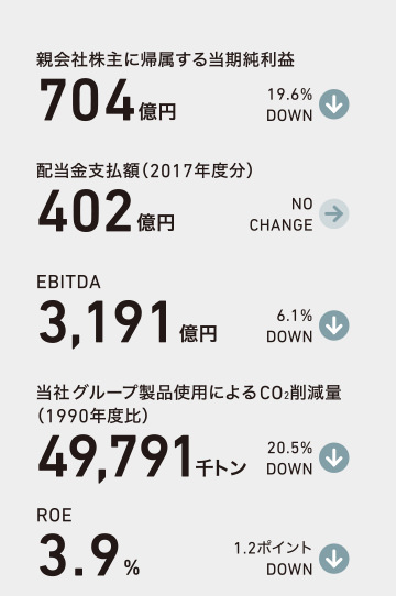親会社株主に帰属する当期純利益 704億円 19.6% DOWN 配当金支払額(2017年度分)402億円 NO CHANGE EBITDA 3,191億円 6.1% DOWN 当社グループ製品使用によるCO2削減量 (1990年度比)49,791千トン 20.5% DOWN ROE 3.9% 1.2ポイント DOWN