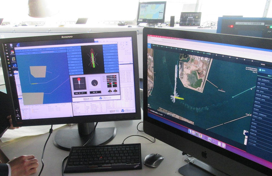 Automated berthing/unberthing system monitor (left) and navigation monitor (right)