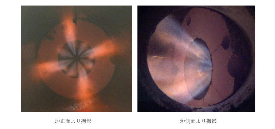 水素専焼時の燃焼状況（水素供給圧力：900kPaG、バーナー型式：センターファイアリング型）