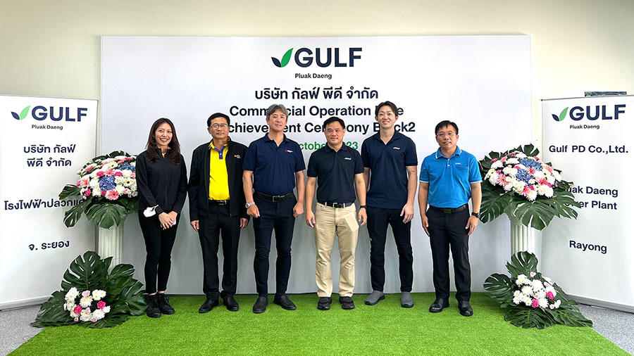 (From left) Sumanee Teerasawasdi (Assistant Director, Business Management Division-1/ EGAT), Chawakarn Chokekamsila (Representative from Power Plant Management and Construction Division/ EGAT), Akira Takahashi (President and Managing Director/ Mitsubishi Power (Thailand) Ltd.), Worapong Vivatanavanich (Chief Project Development Officer/ Gulf Energy Development PCL), Tomoyuki Okamura (Project Coordinator/ Mit-Power Capitals (Thailand) Limited), Prasit Prawang (Senior Vice President/ Sino-Thai Engineering and Construction Public Company Limited) at the completion ceremony of the GTCC Power Plant in Rayong.