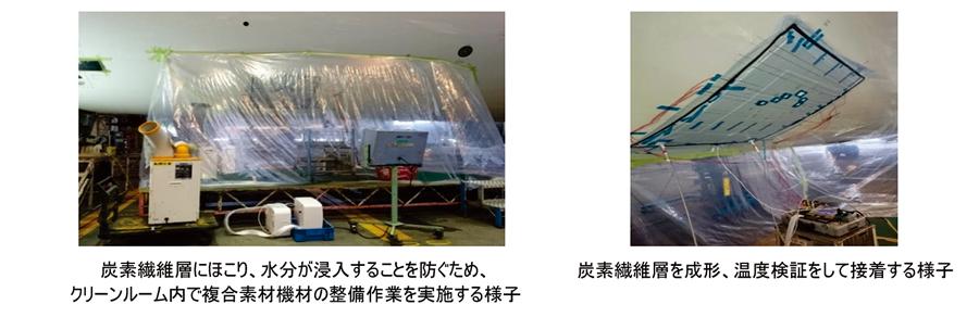 炭素繊維層にほこり、水分が浸入することを防ぐため、クリーンルーム内で複合素材機材の整備作業を実施する様子　炭素繊維層を成形、温度検証をして接着する様子