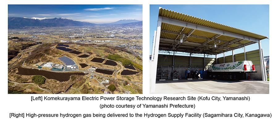 [Left] Komekurayama Electric Power Storage Technology Research Site (Kofu City, Yamanashi) (photo courtesy of Yamanashi Prefecture) [Right] High-pressure hydrogen gas being delivered to the Hydrogen Supply Facility (Sagamihara City, Kanagawa)