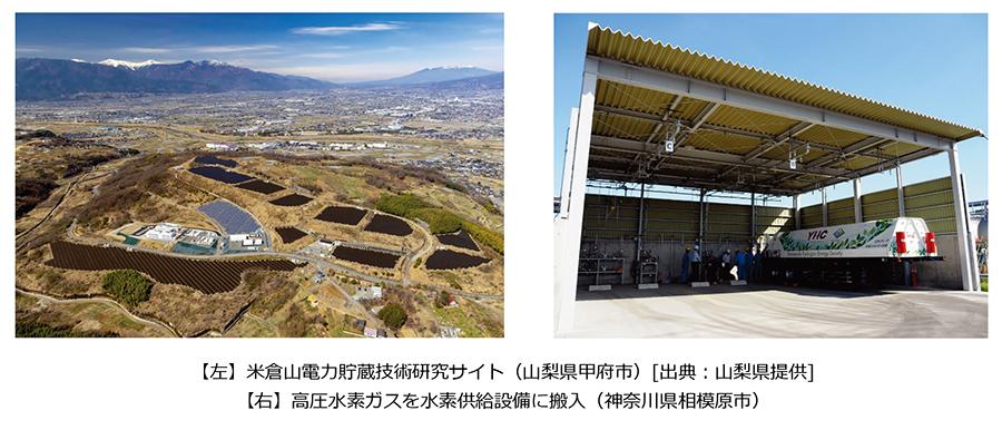 【左】米倉山電力貯蔵技術研究サイト（山梨県甲府市）[出典：山梨県提供] 【右】高圧水素ガスを水素供給設備に搬入（神奈川県相模原市）
