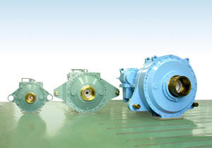 600 kW, 1,000 kW and 2,400 kW wind turbine gearboxes (from left to right)